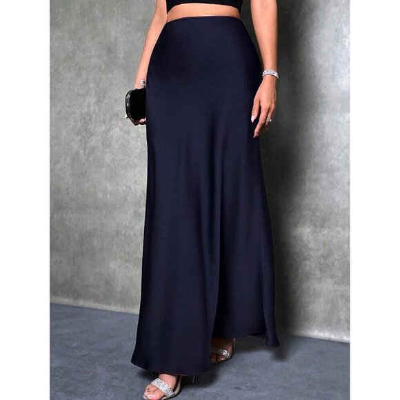 Satin maxi skirt long minimalist luxe classy dusty blue - Picture 3 of 9
